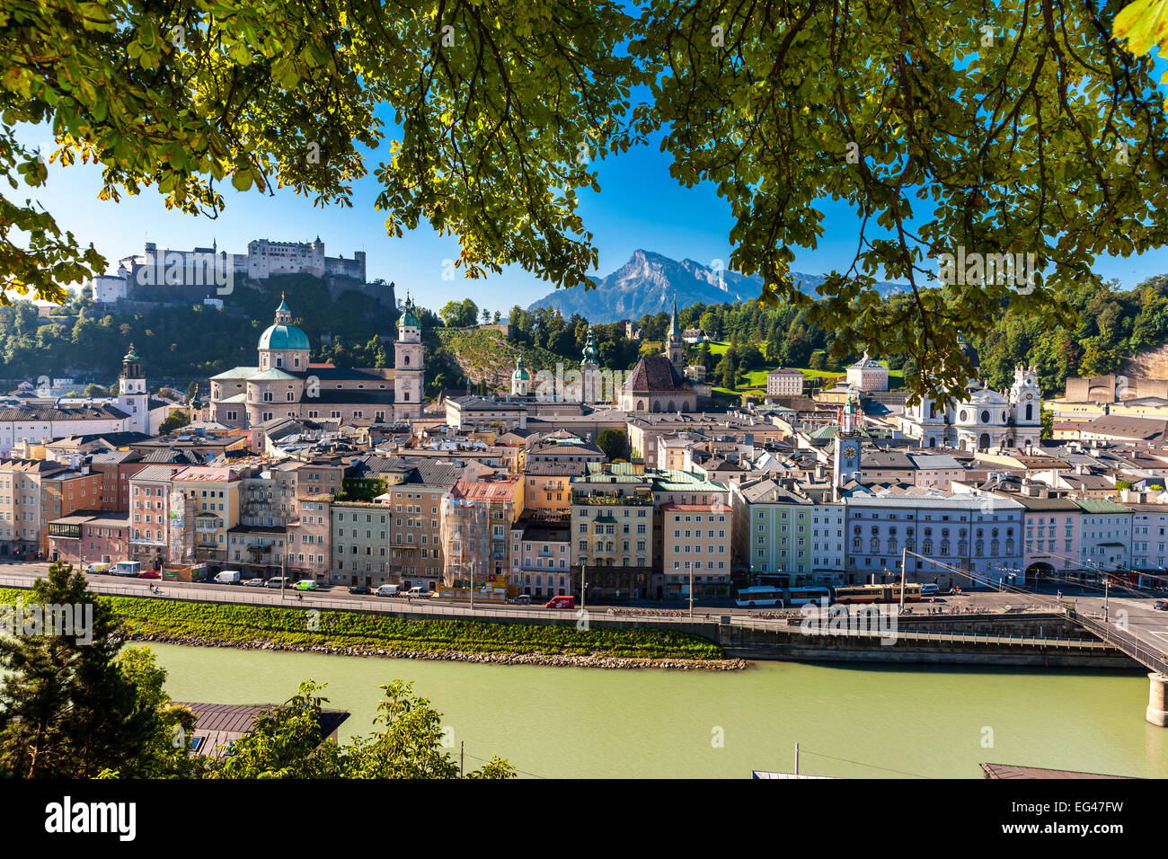 View from the Kapuzinerberg on the old town with Hohensalzburg Castle