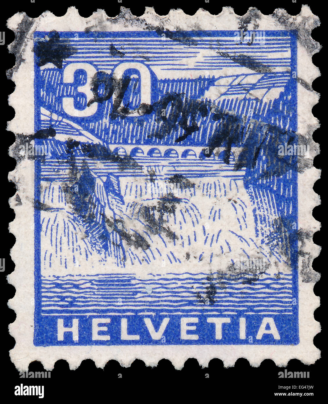 SWITZERLAND - CIRCA 1934: A stamp printed in Switzerland shows Rhine Falls in Schaffhausen, circa 1934 Stock Photo