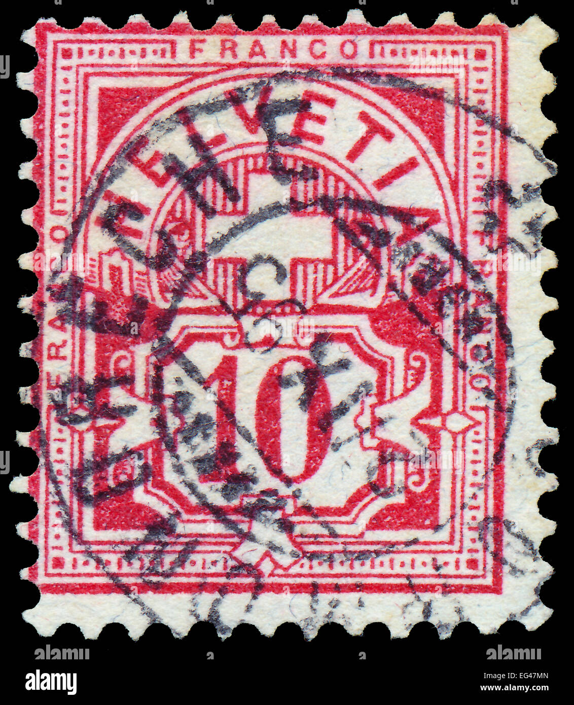 SWITZERLAND - CIRCA 1882: A stamp printed in the Switzerland shows value and the cross, circa 1882 Stock Photo