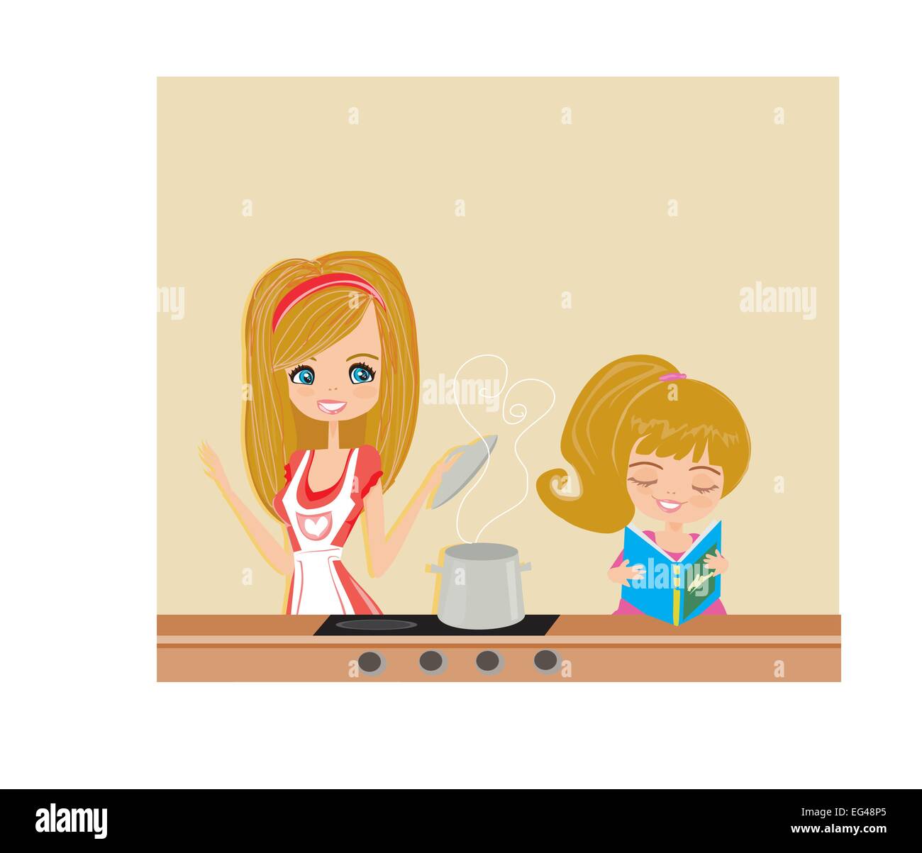 Daughter helps mother cook soup Stock Vector