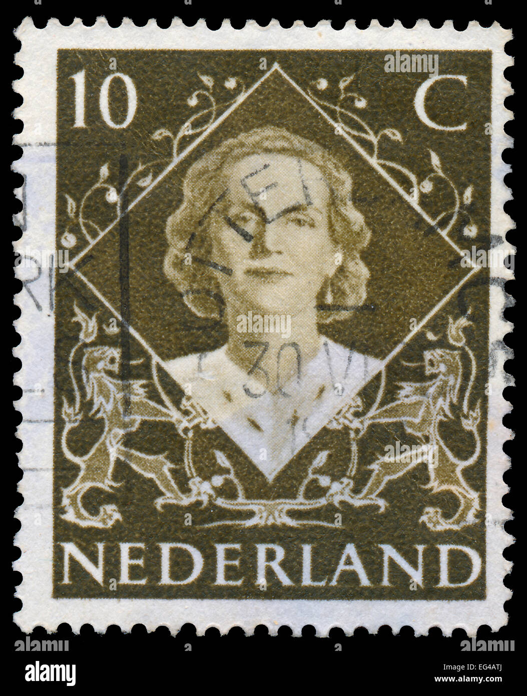 NETHERLANDS - CIRCA 1948: A stamp printed in Netherlands shows portrait of Queen Juliana (1909-2004) was the Queen regnant Stock Photo