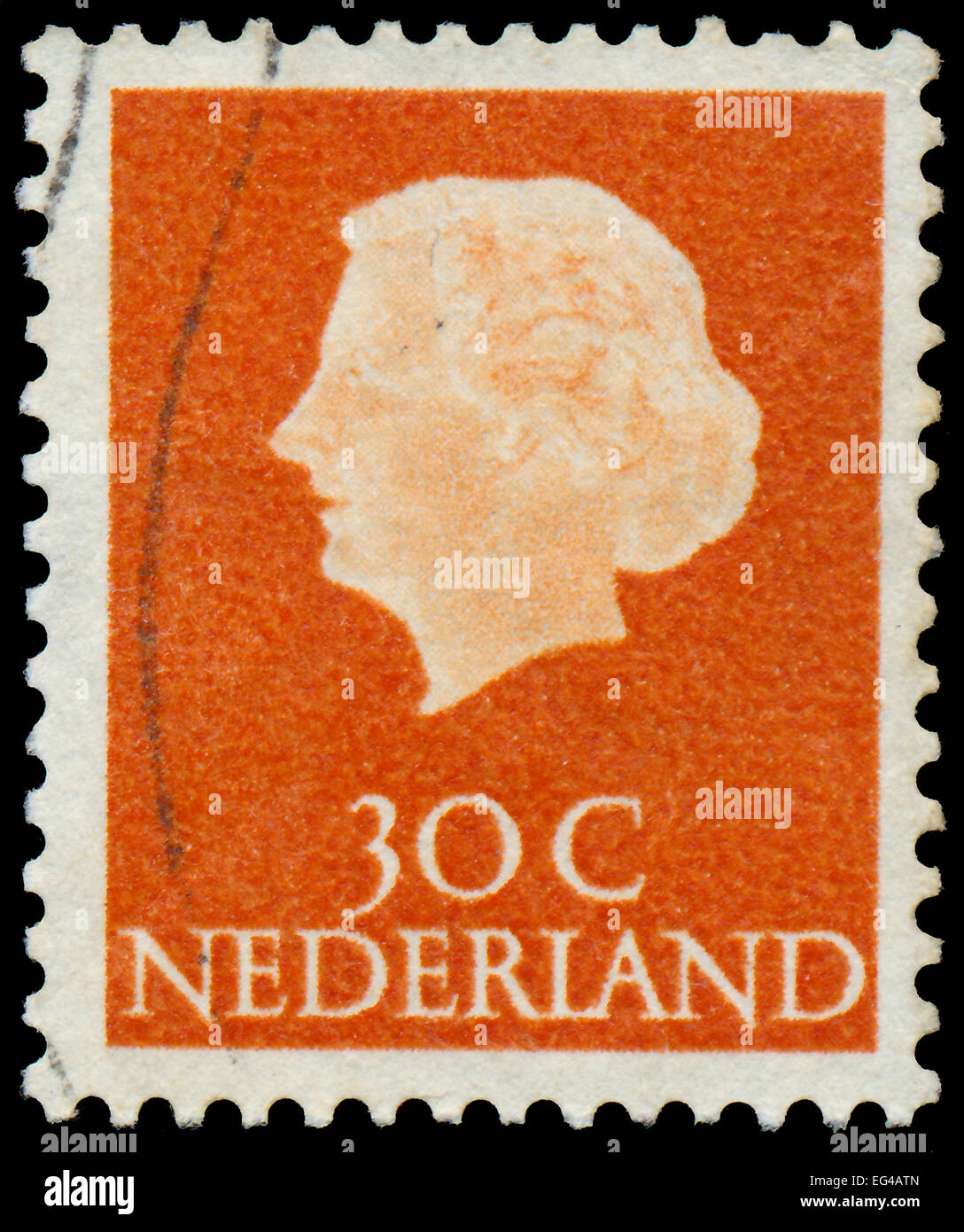 NETHERLANDS - CIRCA 1953: A stamp printed in Netherlands shows portrait of Queen Juliana (1909-2004) was the Queen regnant of th Stock Photo