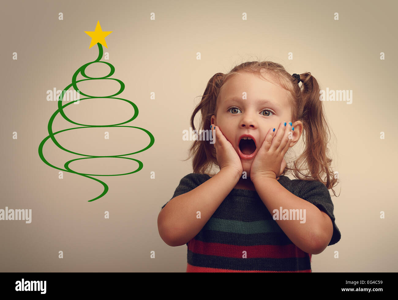 Funny surprising kid girl looking on fur tree illustration with open mouth. Vintage portrait Stock Photo