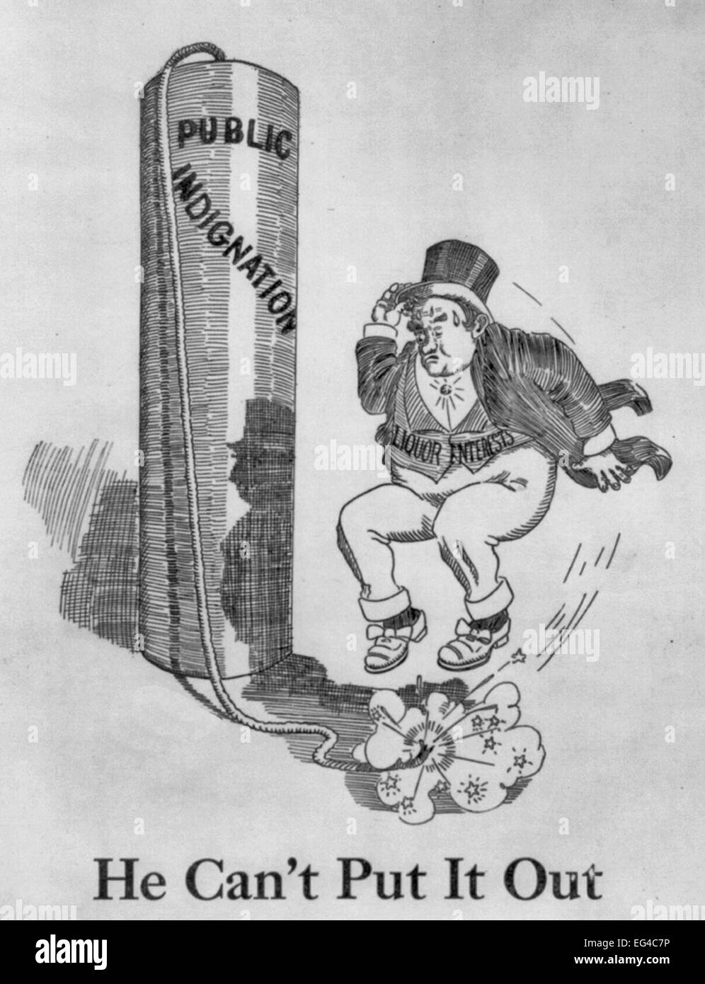 He Can't Put It Out - Well-dressed man ('Liquor Interests') trying to de-fuse huge firecracker ('Public Indignation'). 1917 Poilitical Cartoon Stock Photo