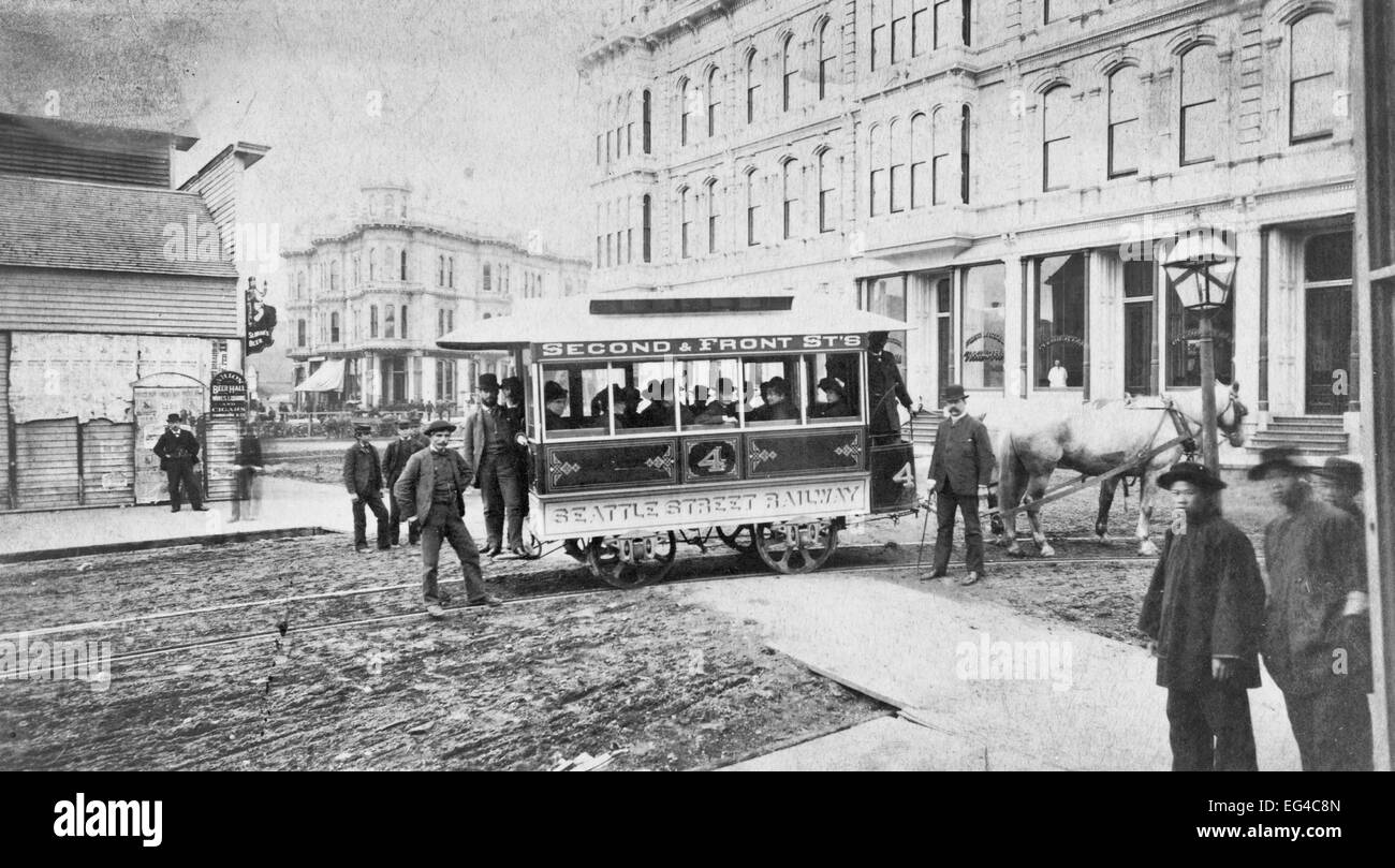 Seattle's first street car turning from Occidental Avenue to Yesler Way, circa 1884 Stock Photo
