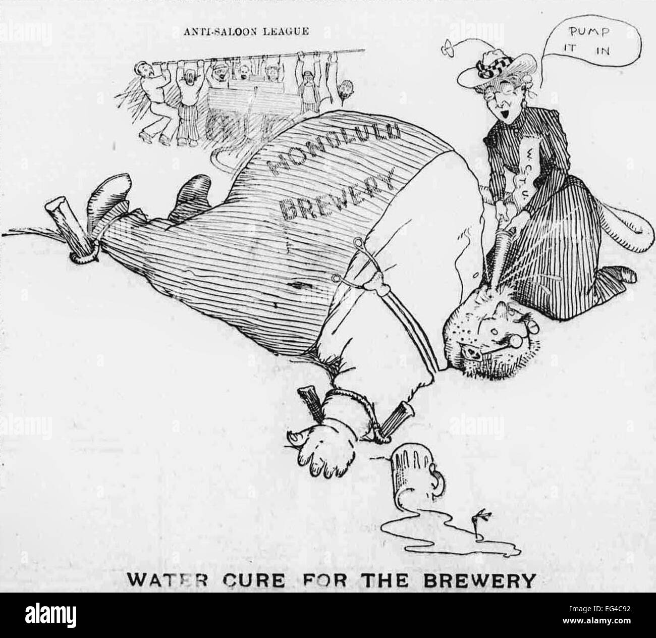 The Hawaiian Gazette's political cartoons humorously illustrated local issues. This illustration makes fun of the Anti-Saloon League and the Women's Christian Temperance Union's campaign against the producers and sellers of beers in Hawaii 1902 Stock Photo