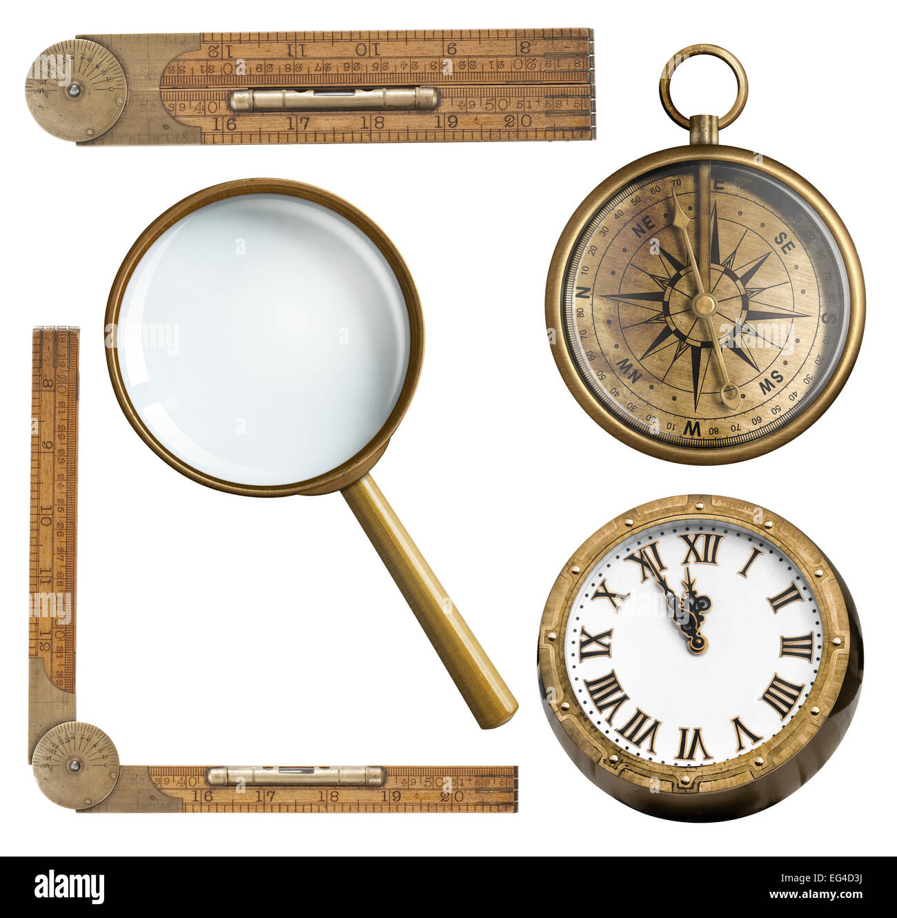 Vintage accessories set. Clock, magnifying glass, compass and ruler isolated Stock Photo