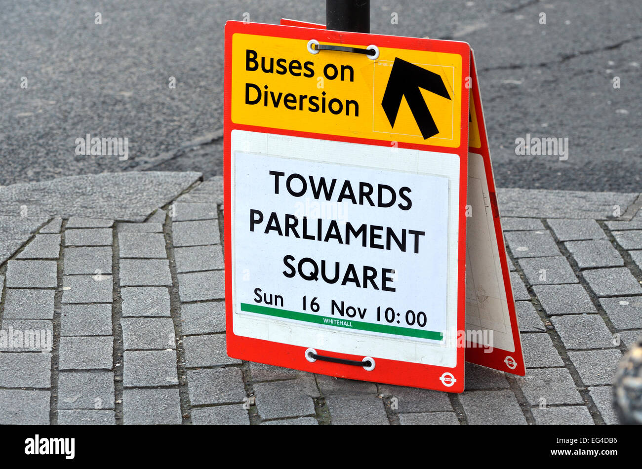 London, England, UK. Notice of diversion for buses Stock Photo