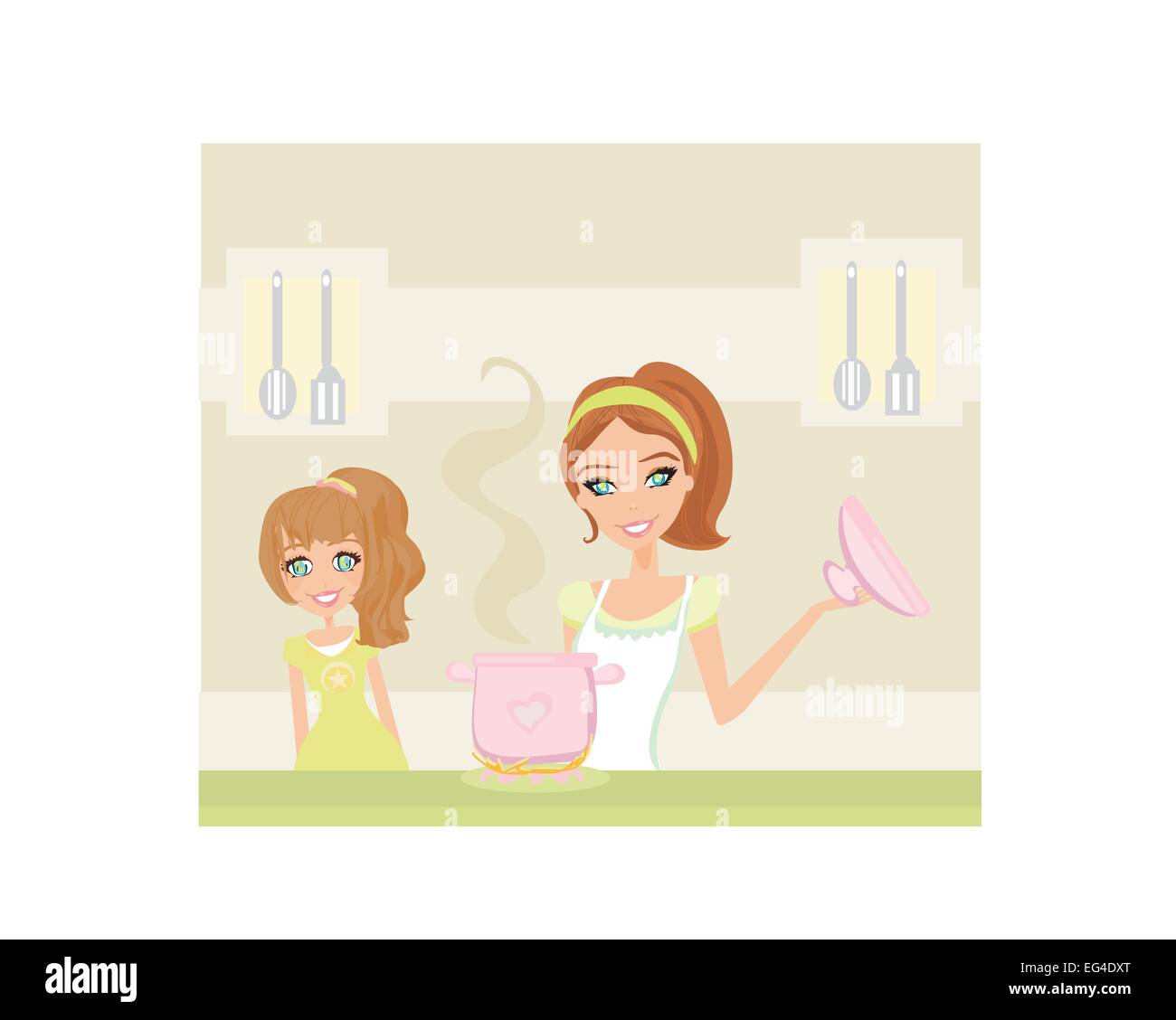 Daughter looking at her mother cooking Stock Vector