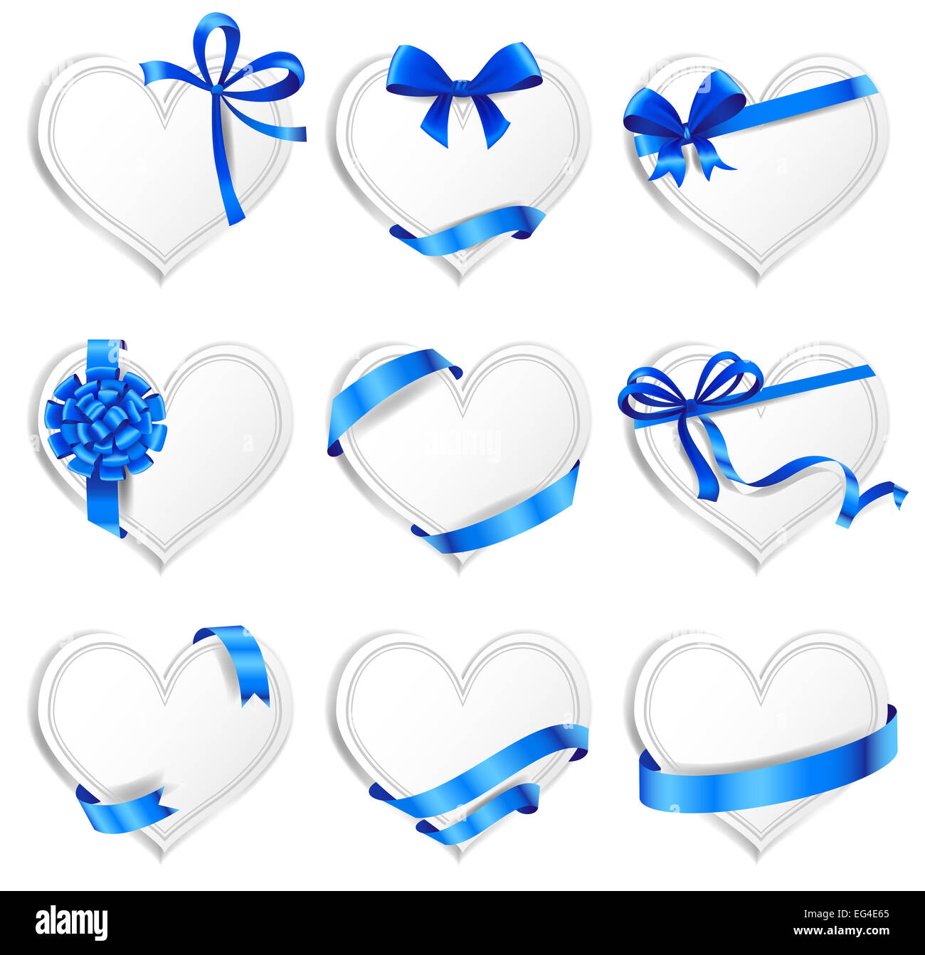 Set of beautiful heart-shaped cards with blue gift bows. Stock Photo