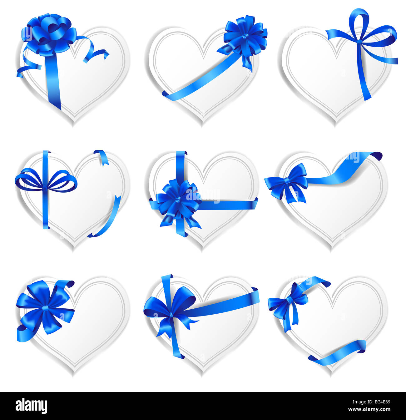 Set of beautiful heart-shaped cards with blue gift bows. Stock Photo