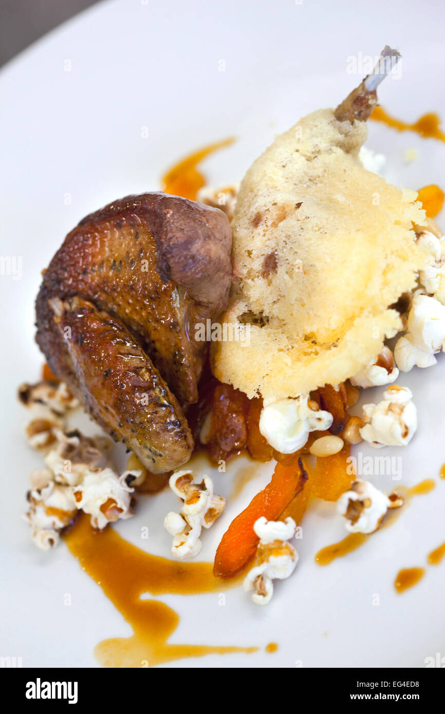 Pigeon and fritter, apricot and sauce on a plate Stock Photo