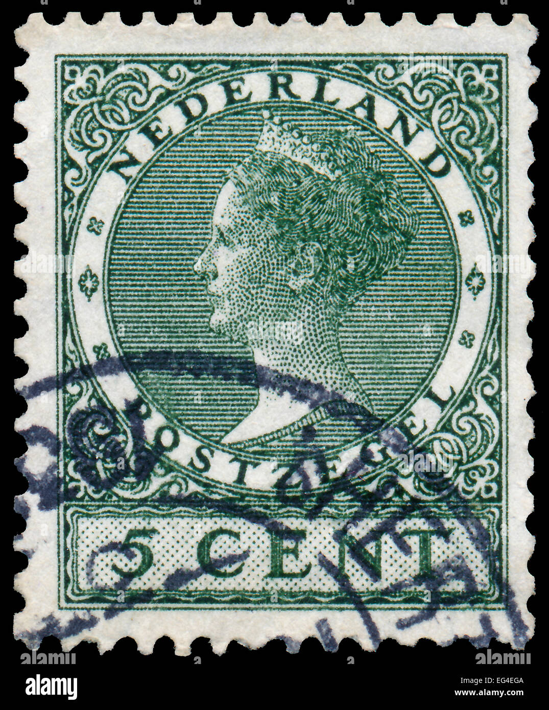NETHERLANDS - CIRCA 1924: A stamp printed in the Netherlands shows Queen Wilhelmina, circa 1924. Stock Photo