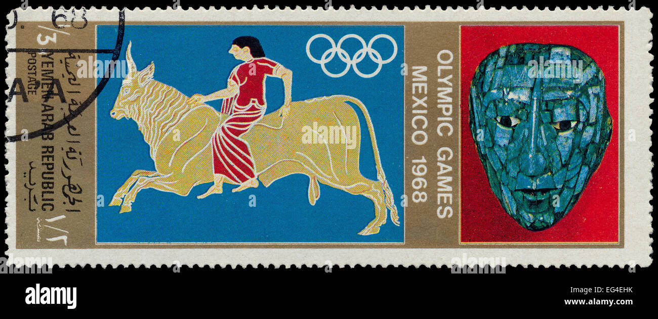 YEMEN ARAB REPUBLIC - CIRCA 1968: A stamp printed in Yemen Arab Republic shows greek mythology scenes, Commemorating the 1968 Me Stock Photo