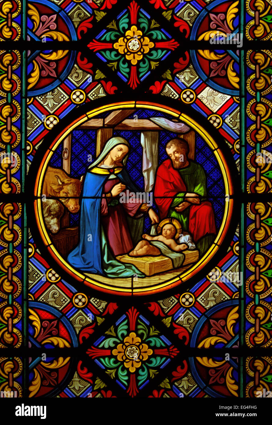 Christmas Cathedral stained glass window Jesus Maria Josef Stock Image