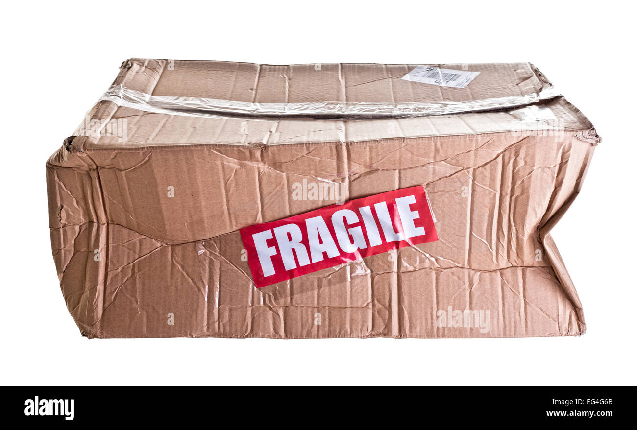 damaged cardboard parcel on white background Stock Photo