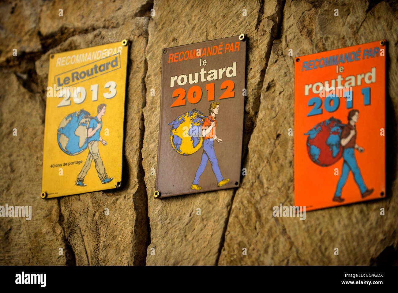 Le Routard recommendation signs outside an hotel in Rocamadour, Departement Lot, Midi Pyrenees South west France Europe Stock Photo