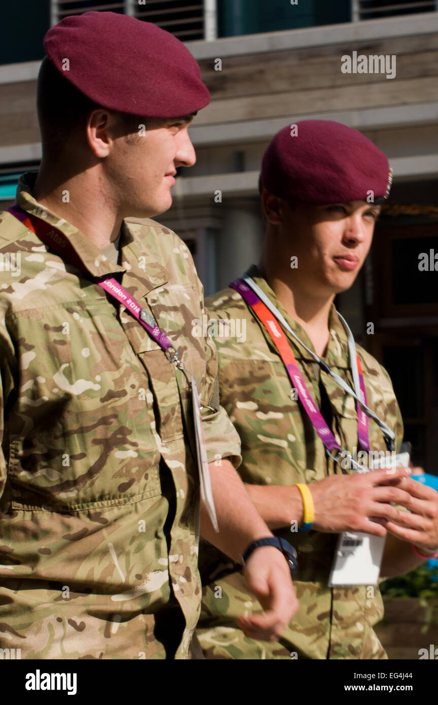 Two paratroopers in Olympic Park, 2012 Games, London, England Stock Photo