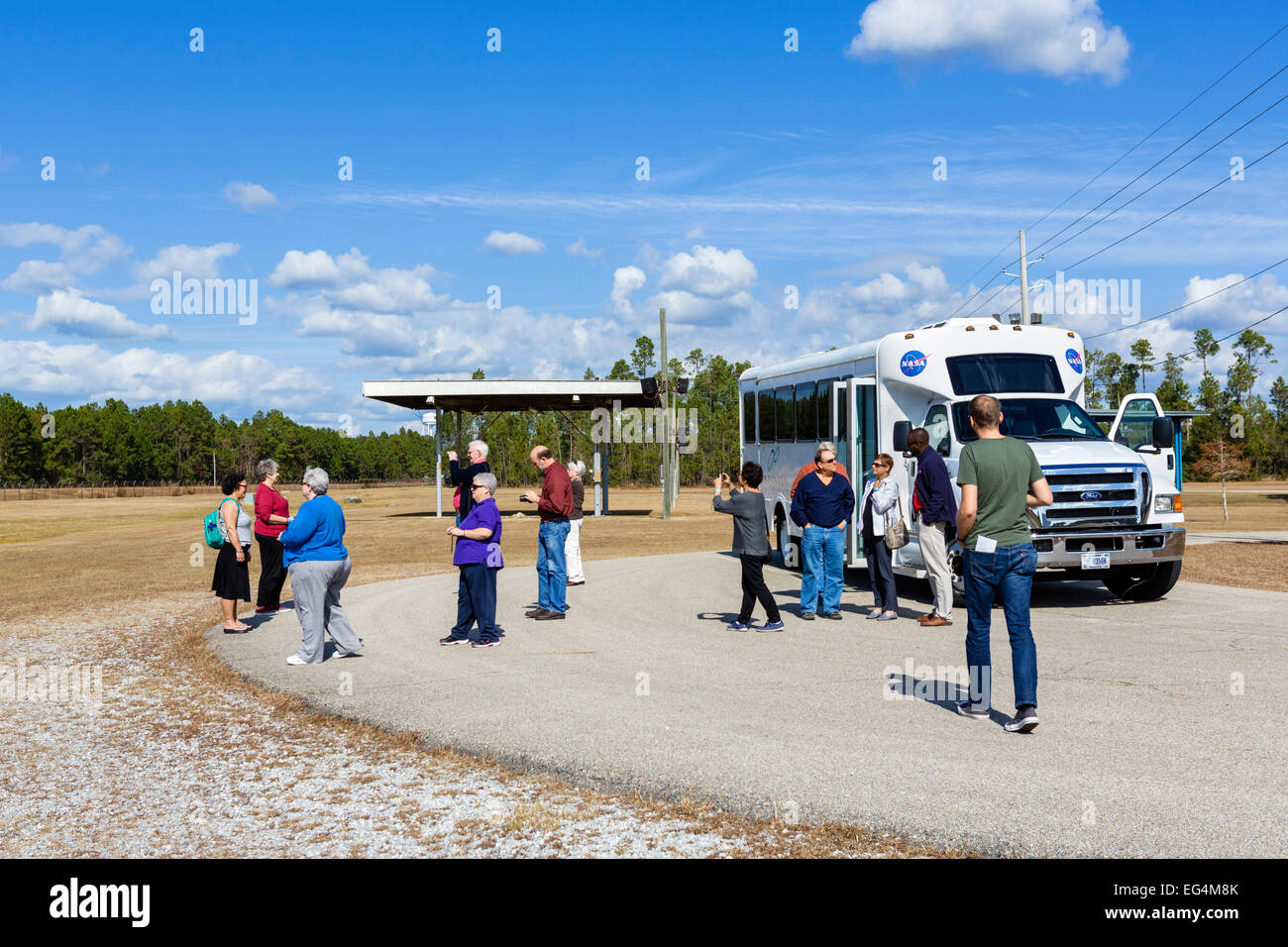 Visitors in front of tour bus on guided tour of John C Stennis Space Center, Hancock County, Mississippi, USA Stock Photo