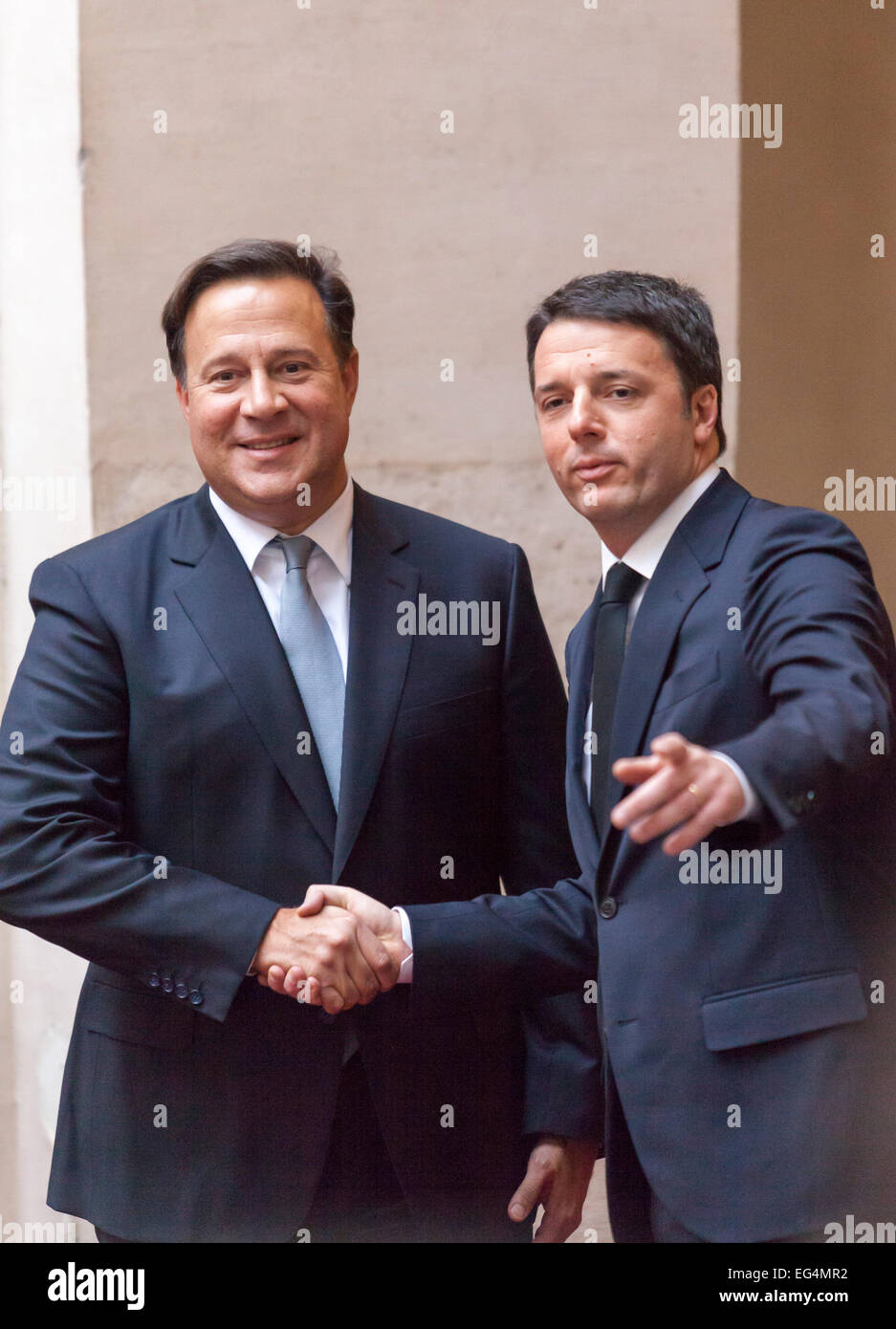 Rome, Italy. 16th February, 2015. Italian Prime Minister Matteo Renzi greets Panamanian President Juan Carlos Varela. Stock Photo