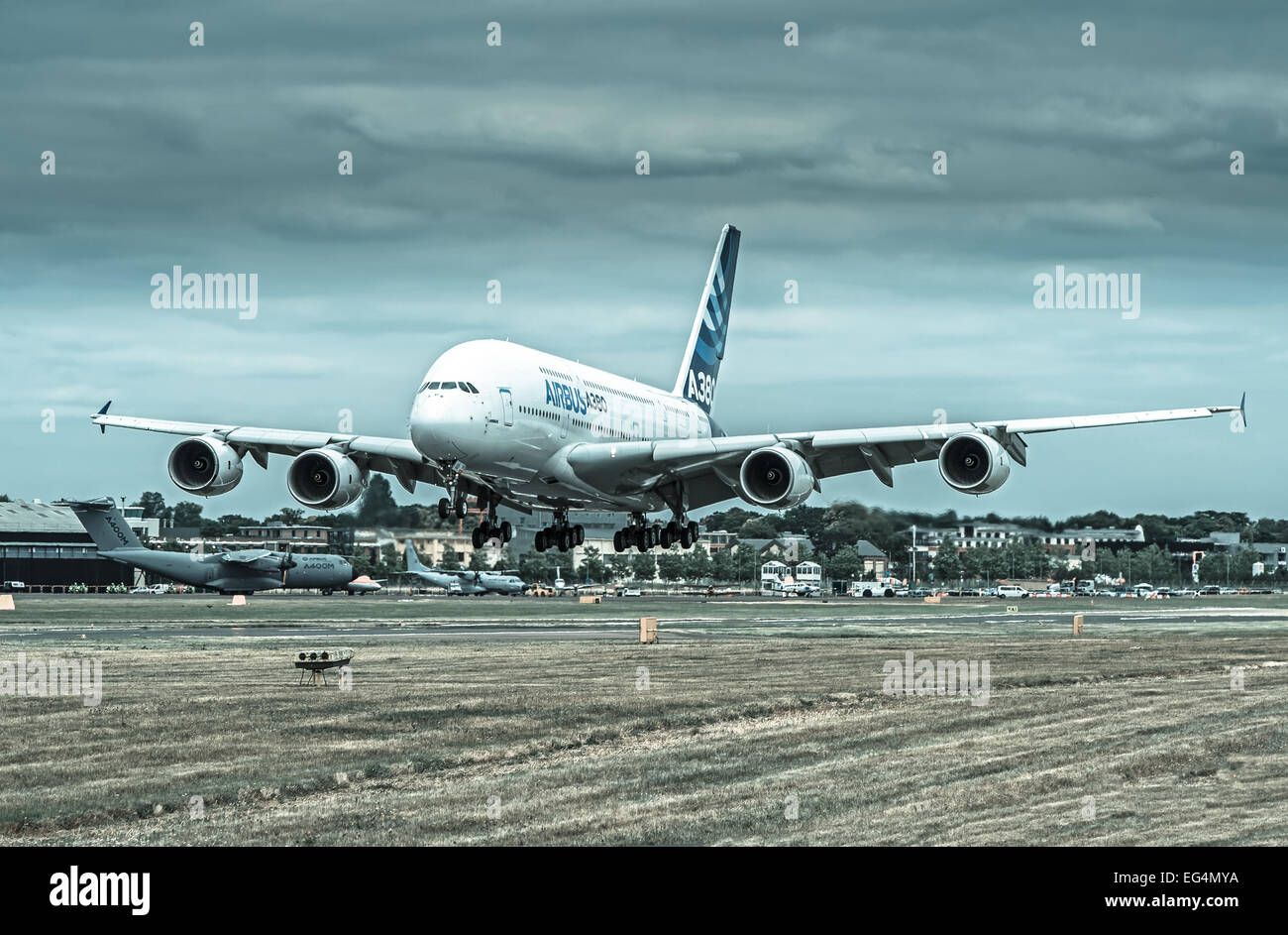 Airbus A380 landing at Farnborough Stock Photo