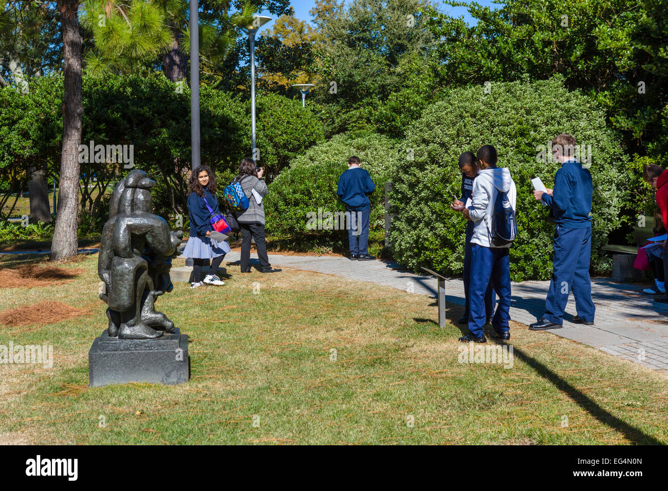 School students on a visit ot the Sculpture Garden, New Orleans Museum of Art, New Orleans, Lousiana, USA Stock Photo