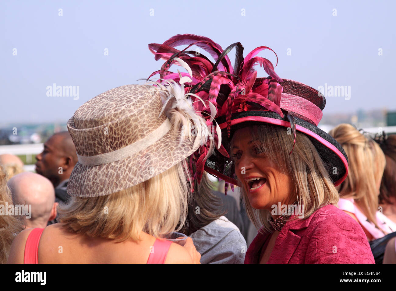 Two ladies tangle feathers on Ladies Day / Grand National meeting / Aintree Racecourse / Liverpool / Merseyside / UK Stock Photo