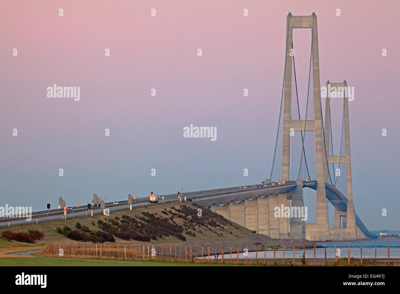 The Storebælt suspension bridge links Zealand to Fynen in Denmark saving travelers a tedious sea voyage and an hour. Stock Photo
