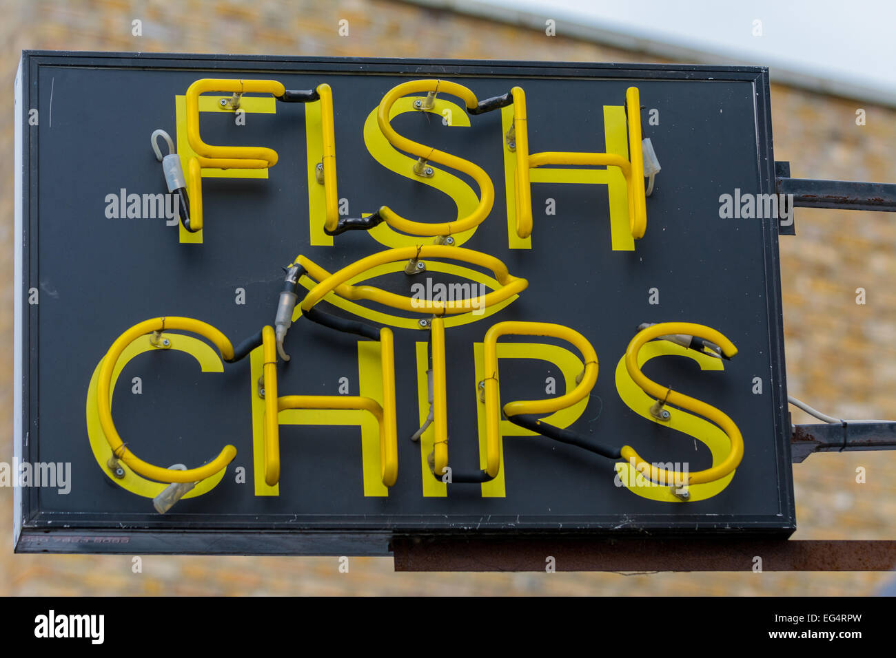 Neon Fish and Chips sign Stock Photo