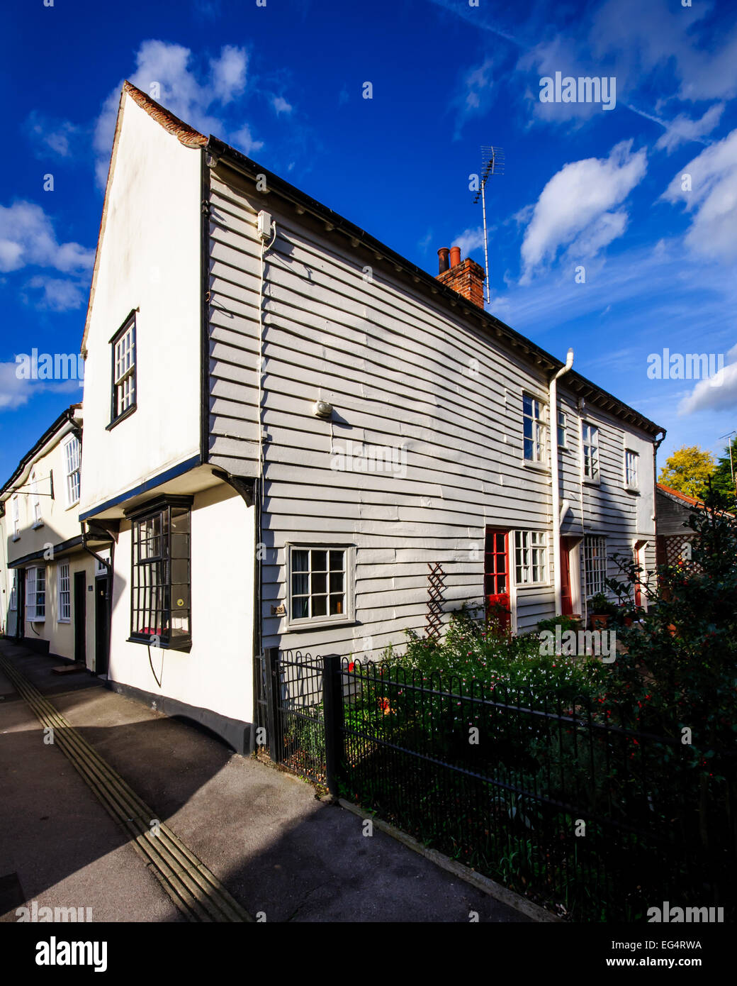 White painted weather boarding on house, Coggeshall, Essex, East Anglia, UK Stock Photo