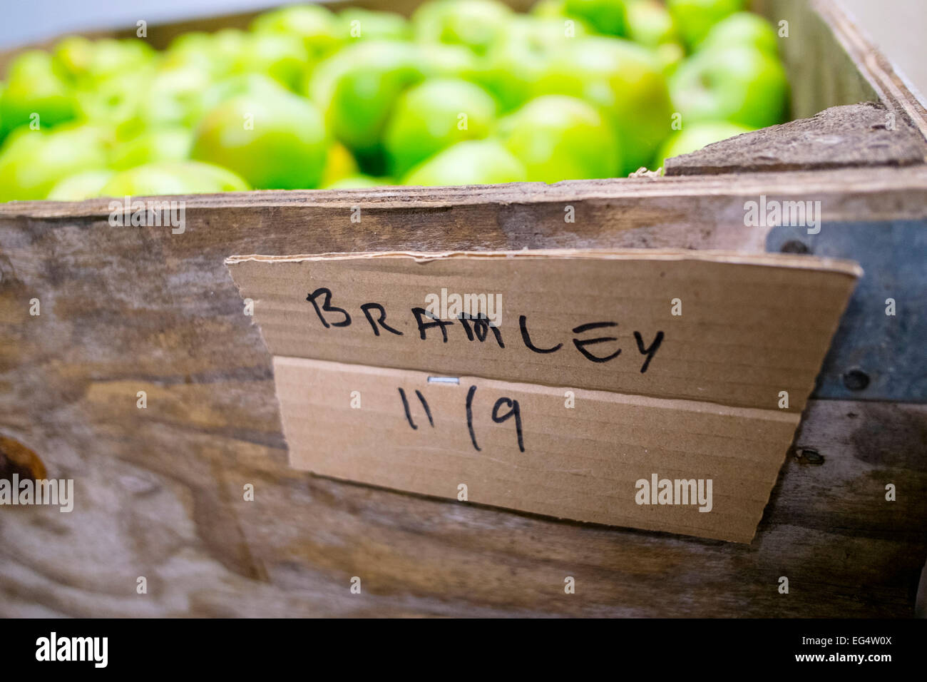 Crate of fresh green bramley apples with handwritten label Stock Photo