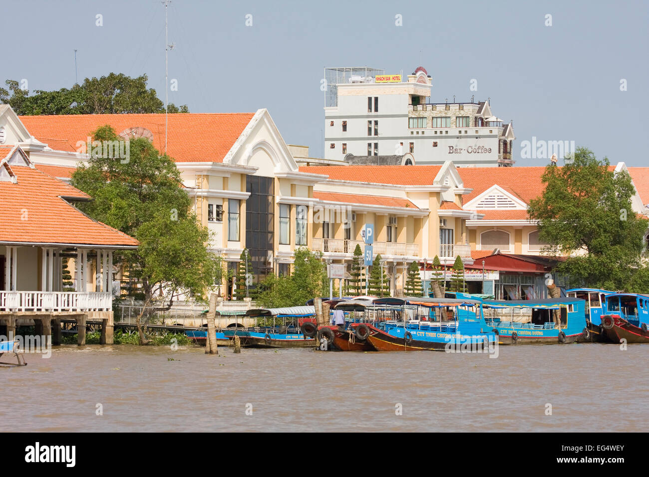 Excursion boats in the port of Cai be, on the Mekong River, Mekong Delta, Vietnam, Asia Stock Photo