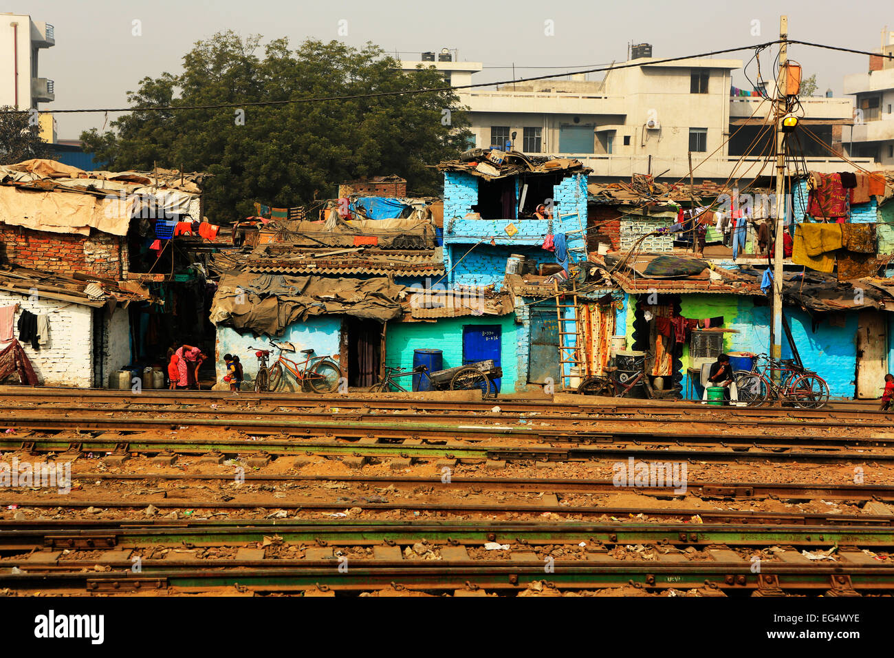 Ghetto and slums in Delhi India.These unidentified people live in  avery  difficult conditions Stock Photo
