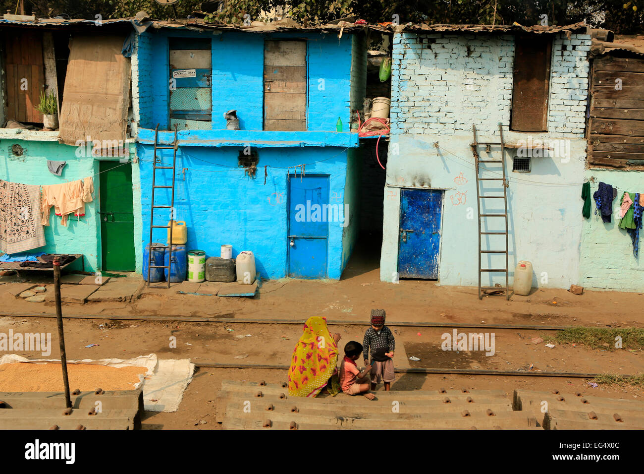 Ghetto and slums in Delhi India.These unidentified people live in  avery  difficult conditions Stock Photo