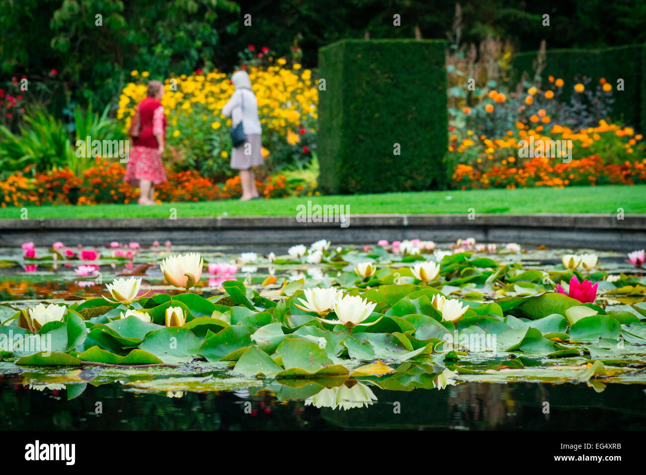 Visitors looking at flowers in gardens with lily pond, Waterperry Gardens Stock Photo