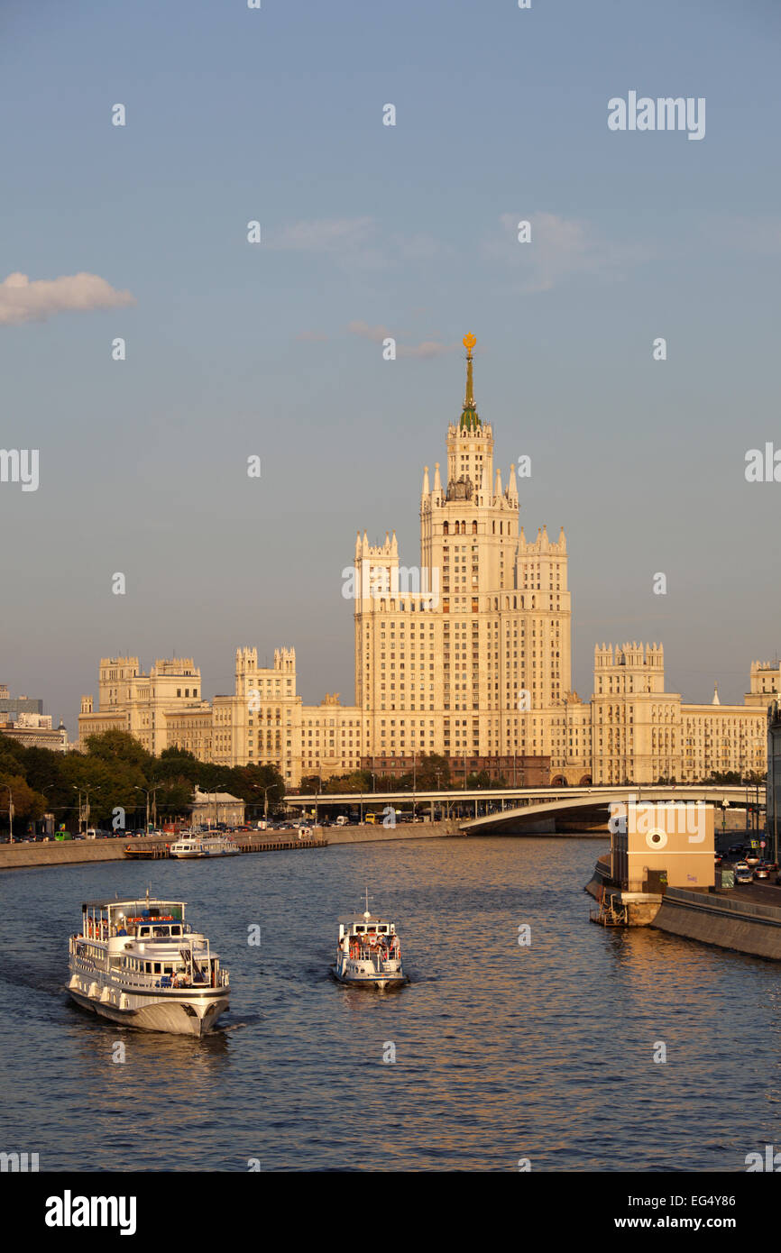 One of the Stalin's Seven Sisters skyscraper overlooking Moscow river, Moscow, Russia Stock Photo
