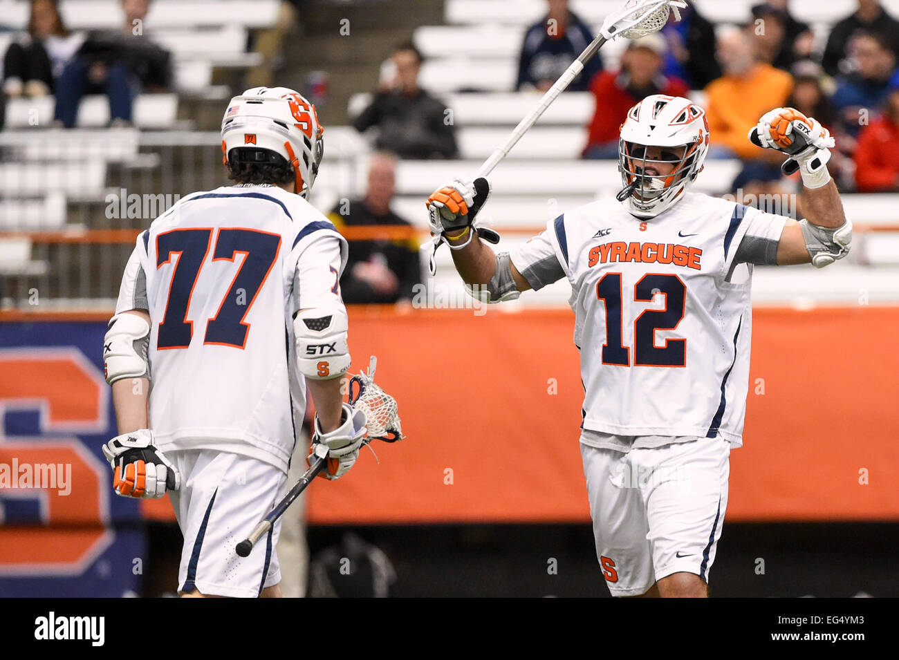 February 15, 2015: Syracuse Orange midfielders DerekDeJoe (12) and HenrySchoonmaker (77) celebrate a goal during a NCAA men's lacrosse game between the Cornell Big Red and the Syracuse Orange at the Carrier Dome in Syracuse, New York. Syracuse won the game 14-6. Rich Barnes/CSM Stock Photo