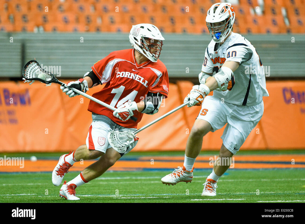 February 15, 2015 Cornell Big Red attackman Dan Lintner (14) dodges to