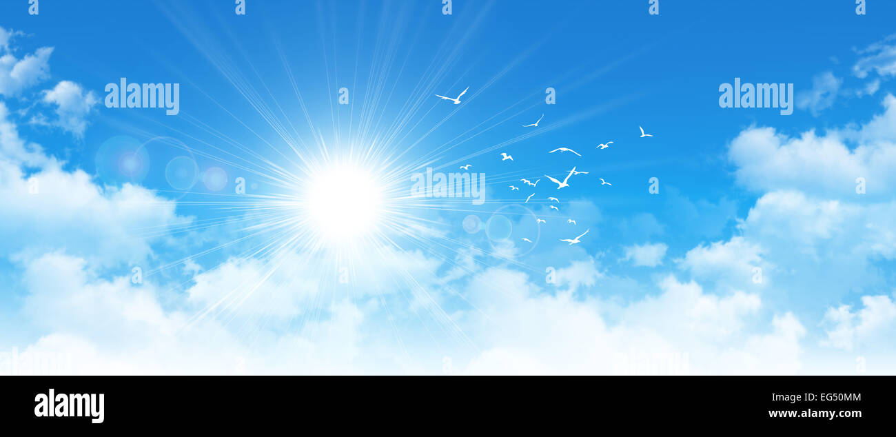 High resolution blue sky background. Sun and birds breaking through white clouds Stock Photo