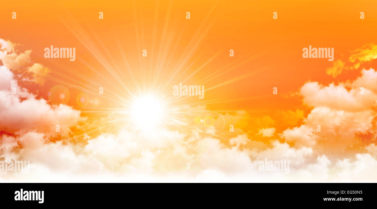 Panoramic sunrise. The sun breaking through white clouds. High resolution sky background. Stock Photo