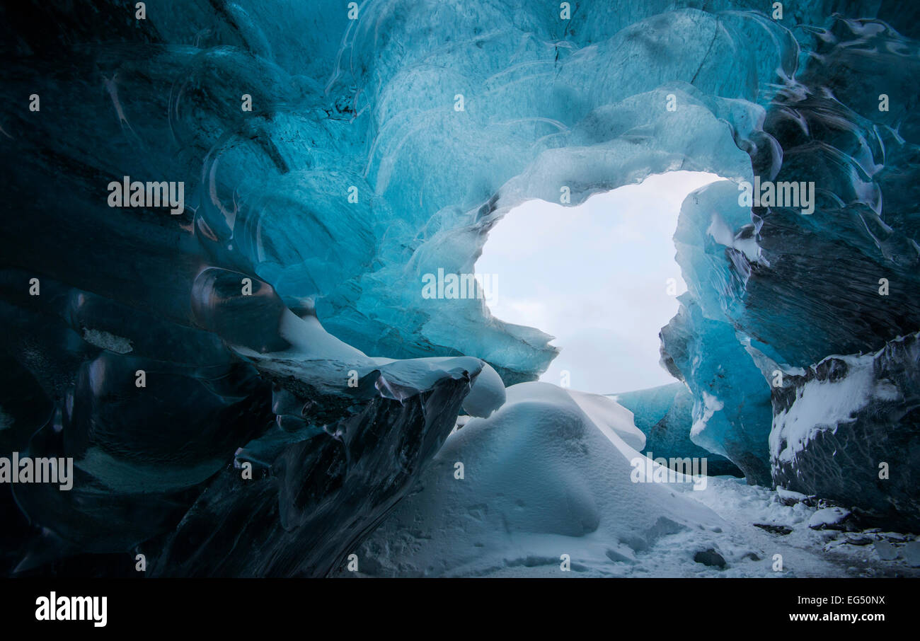 Inside a glacier ice cave in South East Iceland. Stock Photo