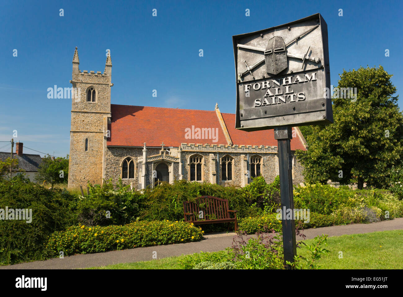 Fornham All Saints church and village sign in Suffolk, UK Stock Photo