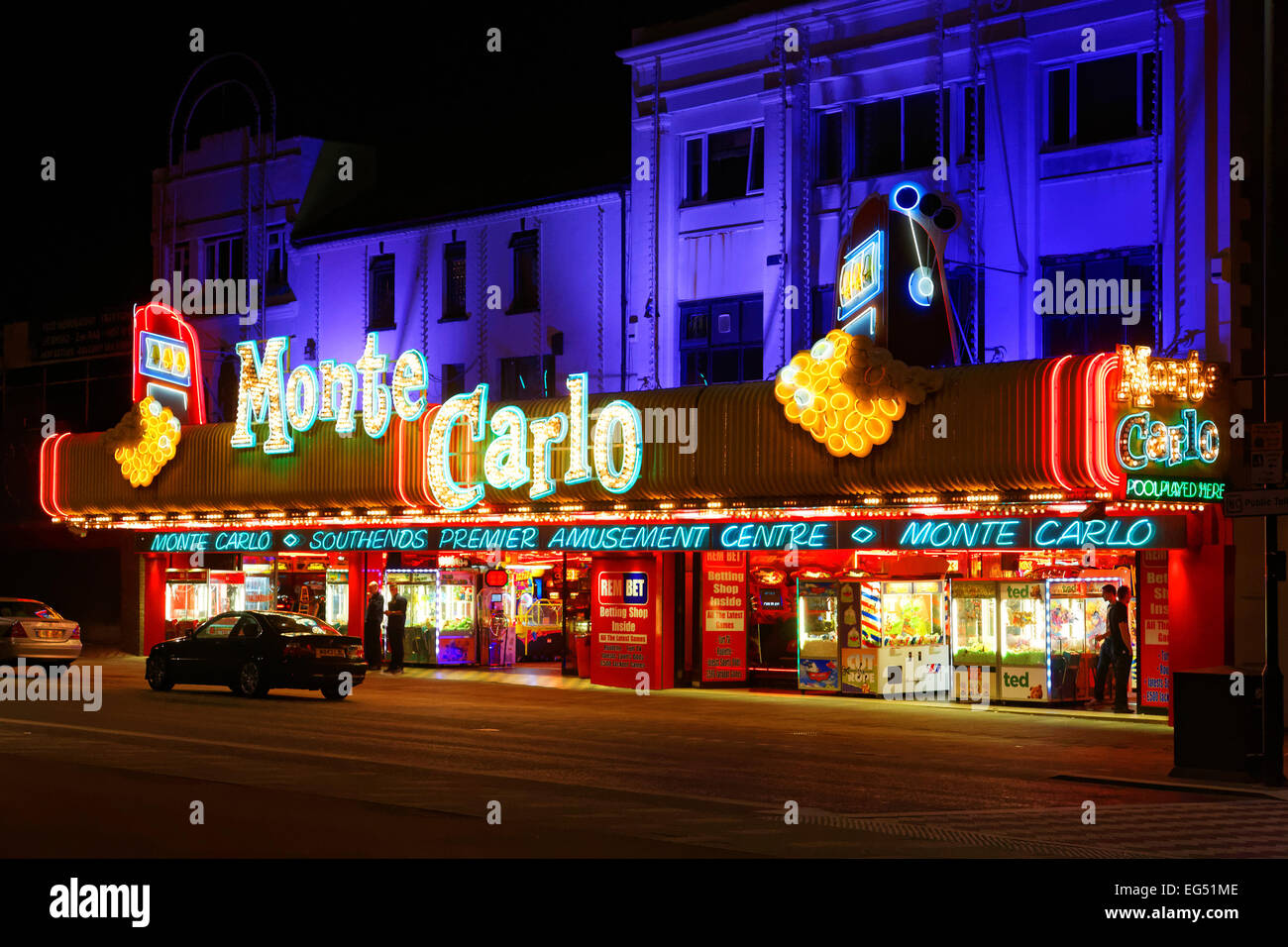 Southend seafront showing the amusement arcades late at night when its quiet Stock Photo