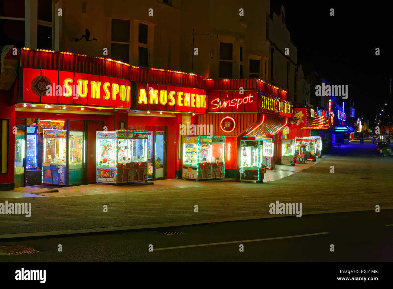 Southend seafront showing the amusement arcades late at night when its quiet Stock Photo