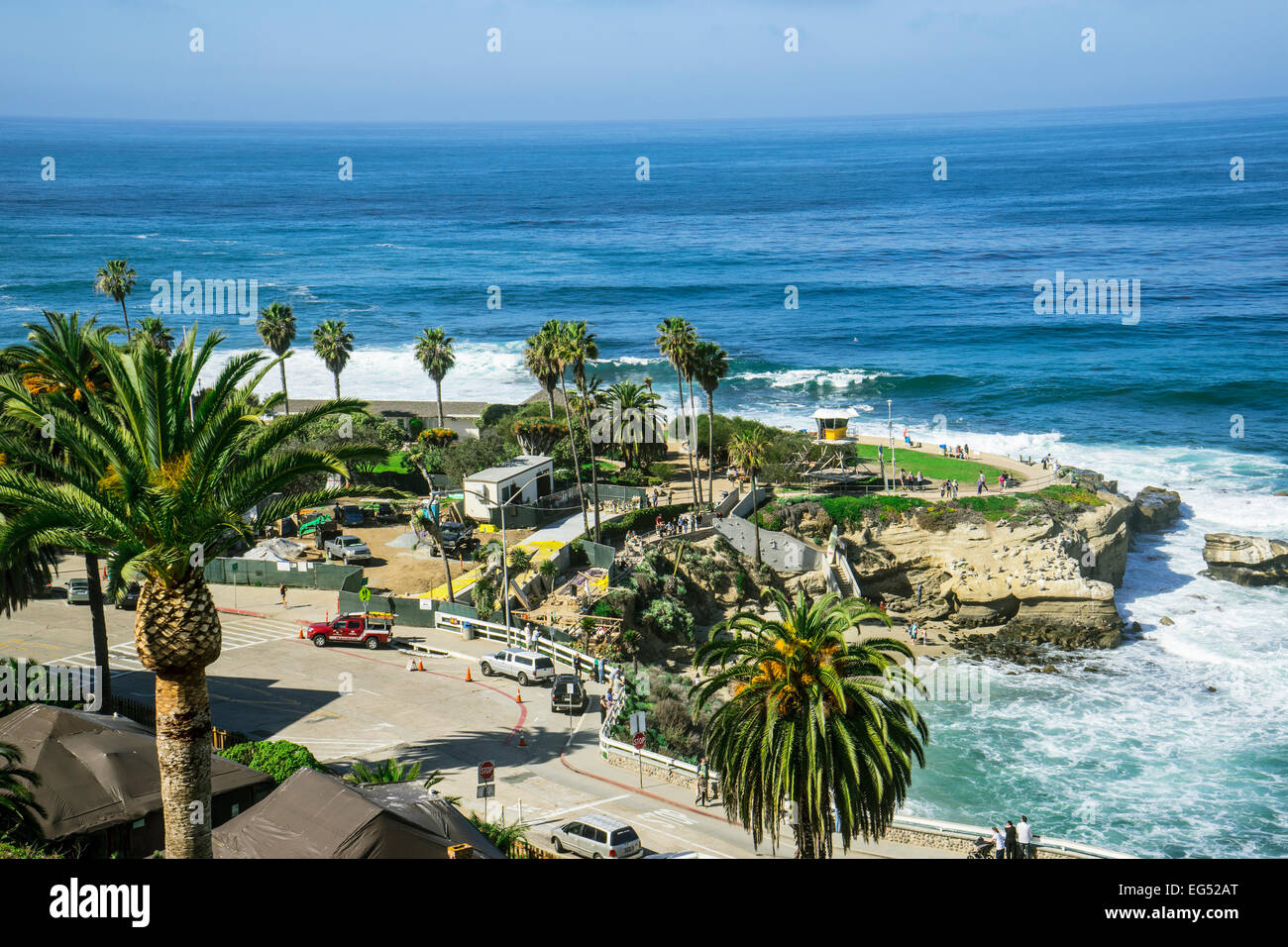 Children's beach in La Jolla California with ocean, palm trees and