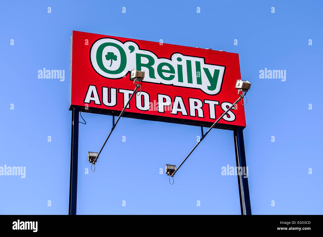 An elevated sign for O'Reilly auto parts in Oklahoma City, Oklahoma, USA. Stock Photo