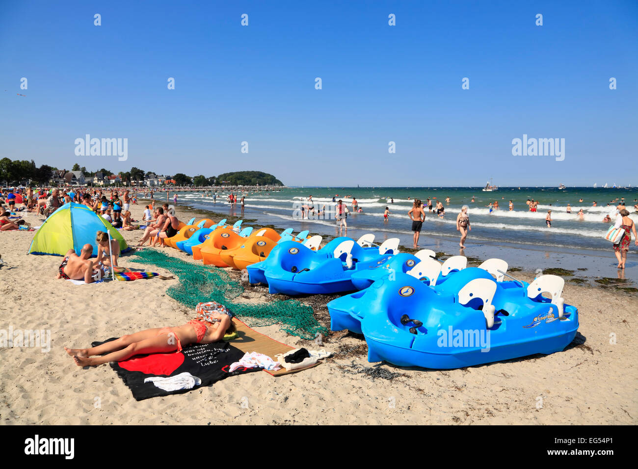 Pedal boats to rent at Travemuende beach, Baltic sea coast, Schleswig-Holstein, Germany,  Europe Stock Photo