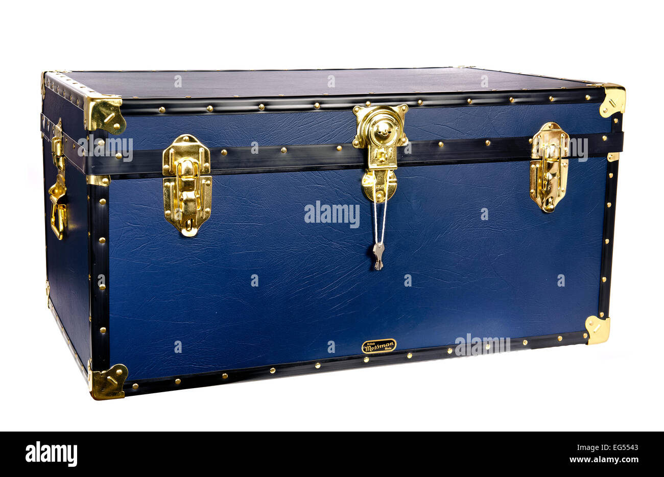 navy blue covered shipping storage or school trunk Stock Photo