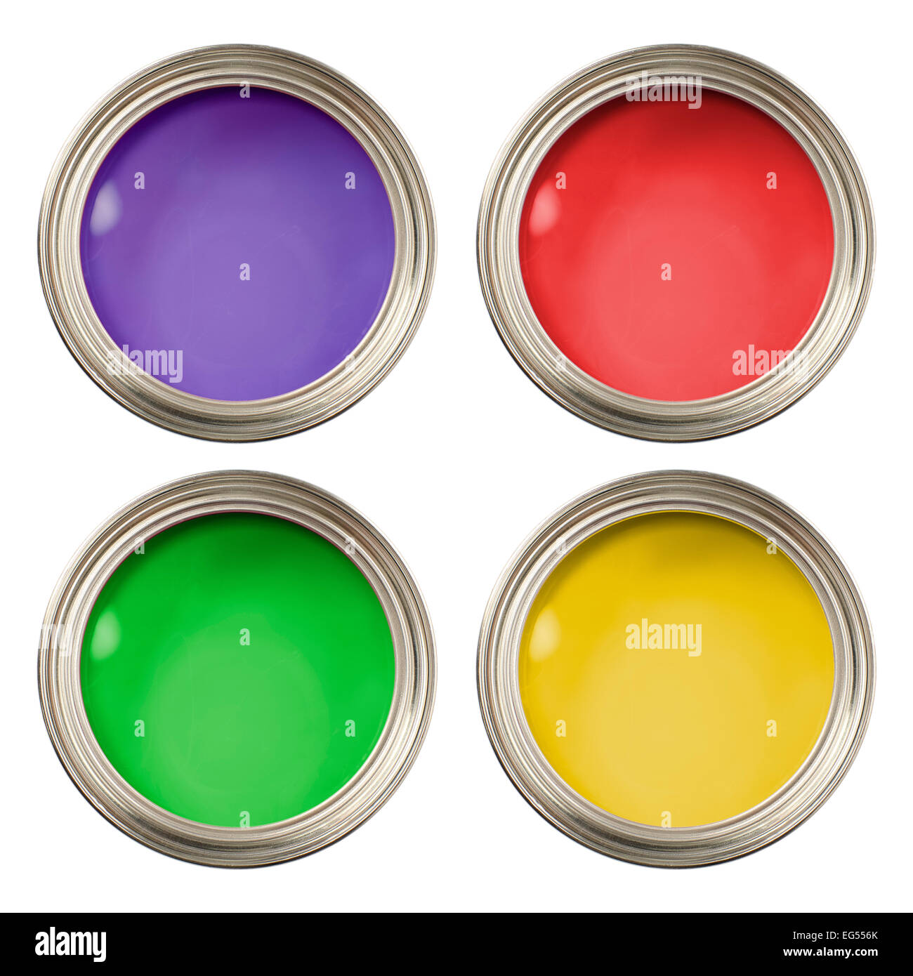 red green purple and yellow open paint tins cans pots Stock Photo - Alamy