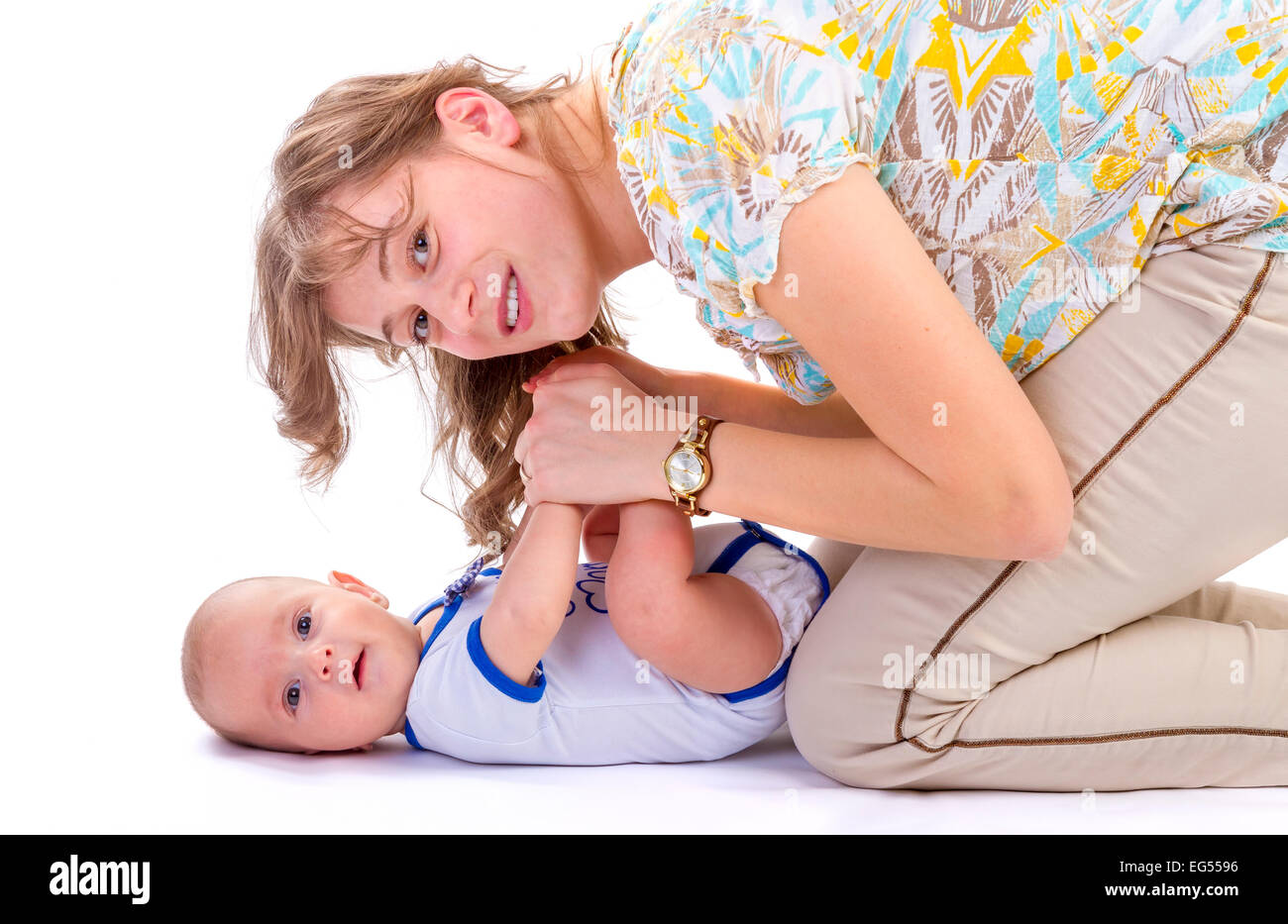 Baby boy with his mother. Newborn kid and family concept. Stock Photo